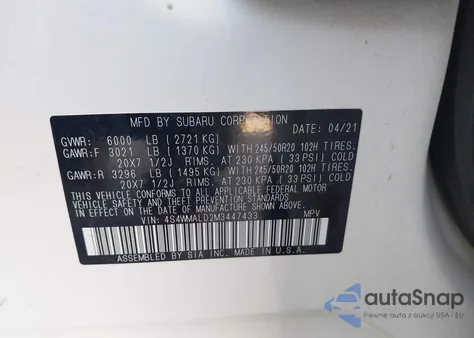 2021 Subaru Ascent Limited из США, поврежденный, VIN 4S4WMALD2M3447433